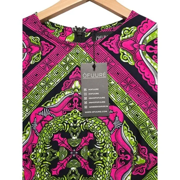 OFUURE Womens Large Pink Green African Print Colorful Maxi Dress Bell Sleeve - Picture 7 of 7